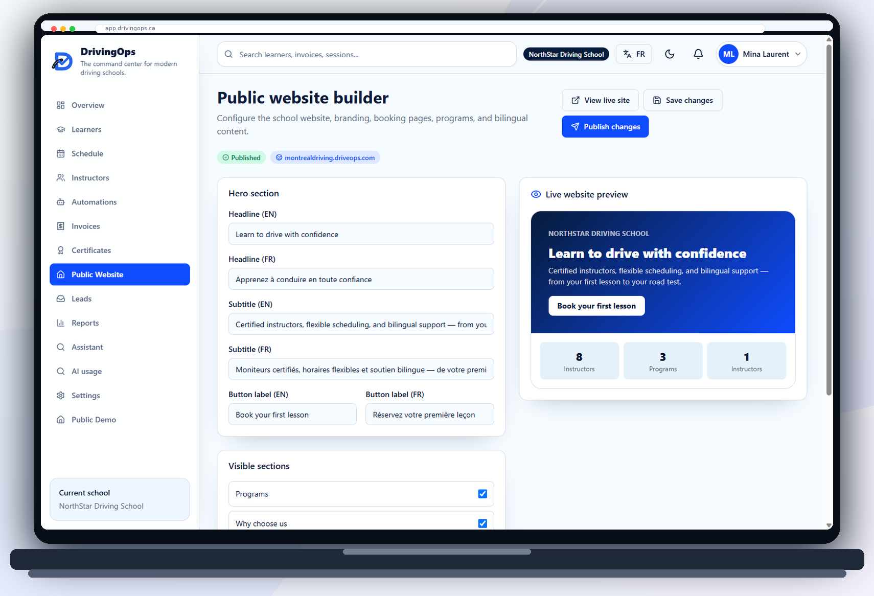 Bilingual public site builder with live preview in DrivingOps