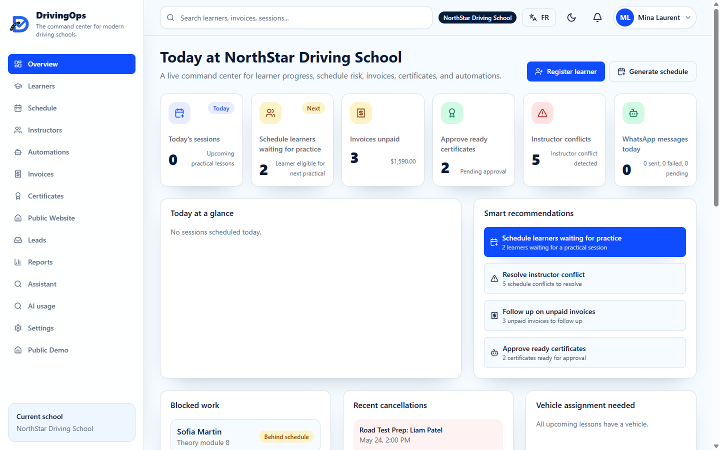 DrivingOps command center with smart recommendations and blocked work
